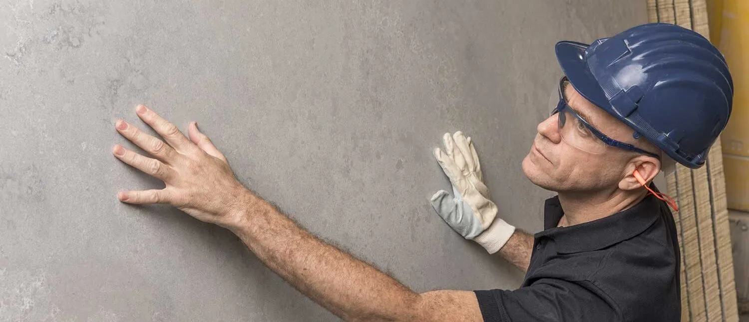 Man wearing a hard hat and gloves inspecting Caesarstone surface.