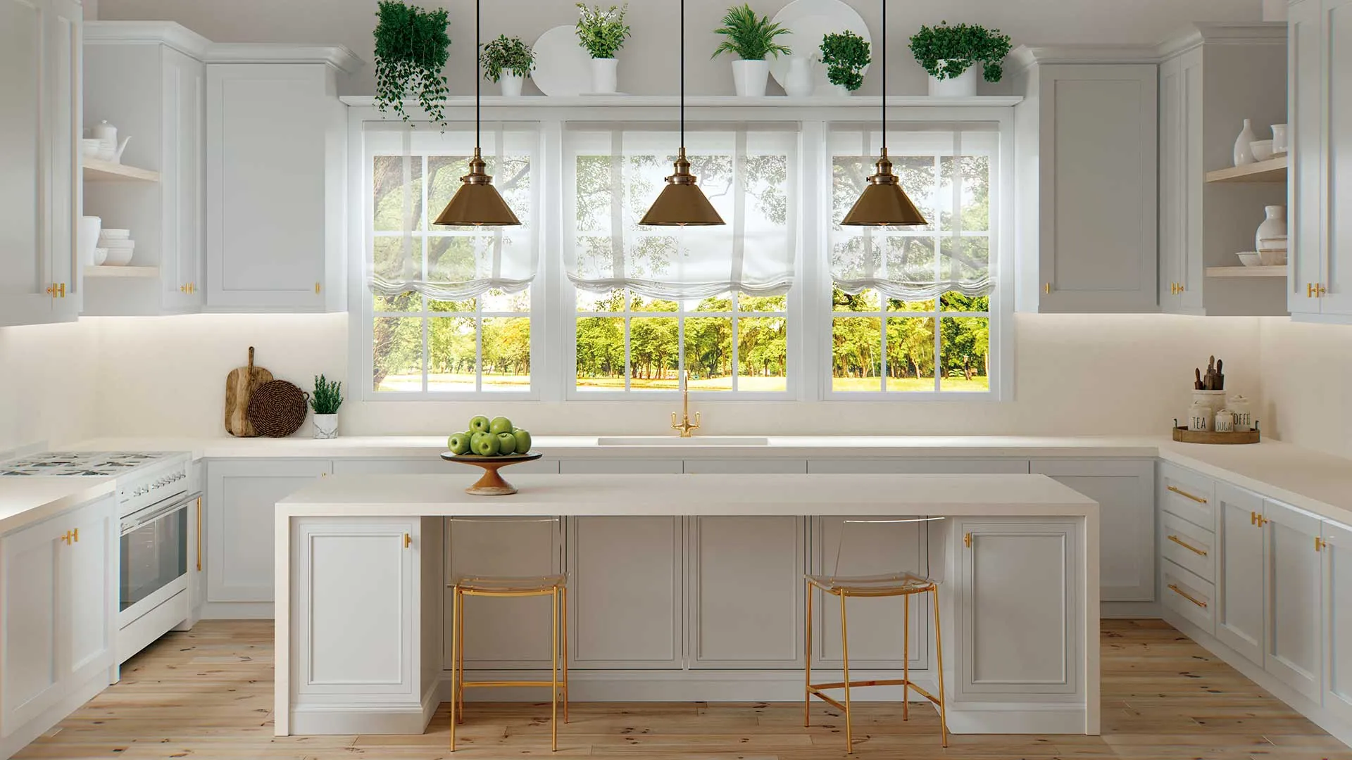 Elegant modern kitchen featuring Caesarstone white quartz countertops, a spacious island with gold accents, and classic cabinetry. The design combines timeless sophistication with natural light and durable quartz surfaces—perfect inspiration for luxury home interiors.