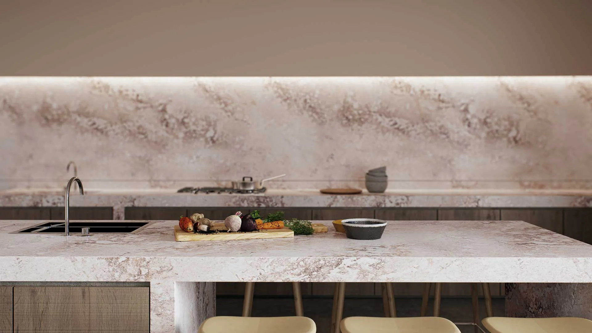 Modern kitchen featuring a Caesarstone countertop and backsplash with an Axis integrated sink, displaying a natural marble-inspired design in warm earthy tones.